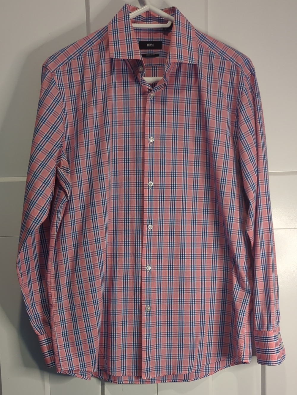 BOSS By Hugo Boss Pink, White & Blue Checked Long-Sleeve Dress Shirt Size 41/16
